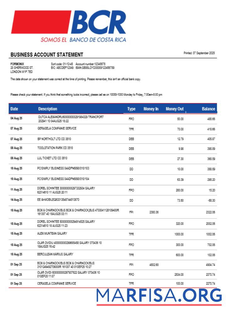 Blank Costa Rican The Bank of Costa Rican bank organization checking account statement Word and PDF format real example